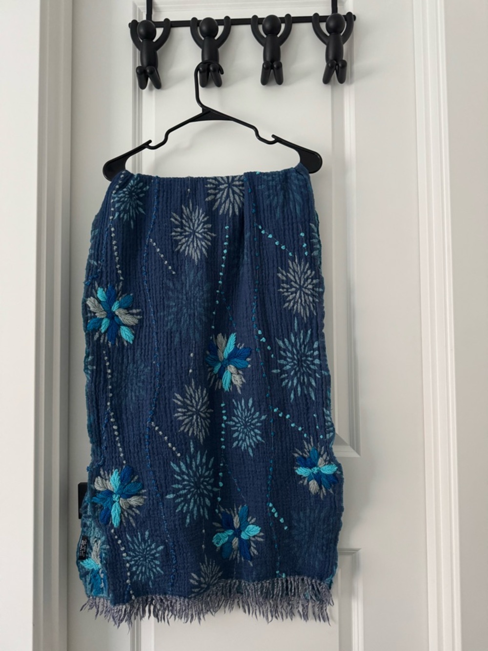 Wool Navy Floral-Embroidered Scarf Wrap with Teal Accents